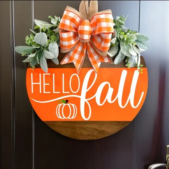 AJ SouthernCharm’s “Hello Fall” Round Wooden Door Sign with Bow & Greenery - Picture 2 of 2